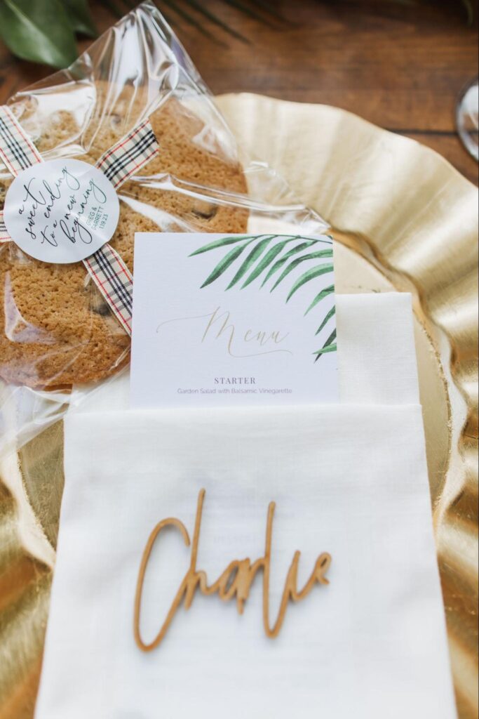 close up of the place setting and favors at a Maui wedding