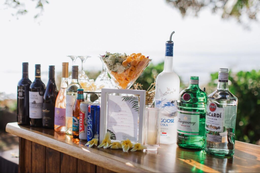 a fully stocked bar at a Maui wedding