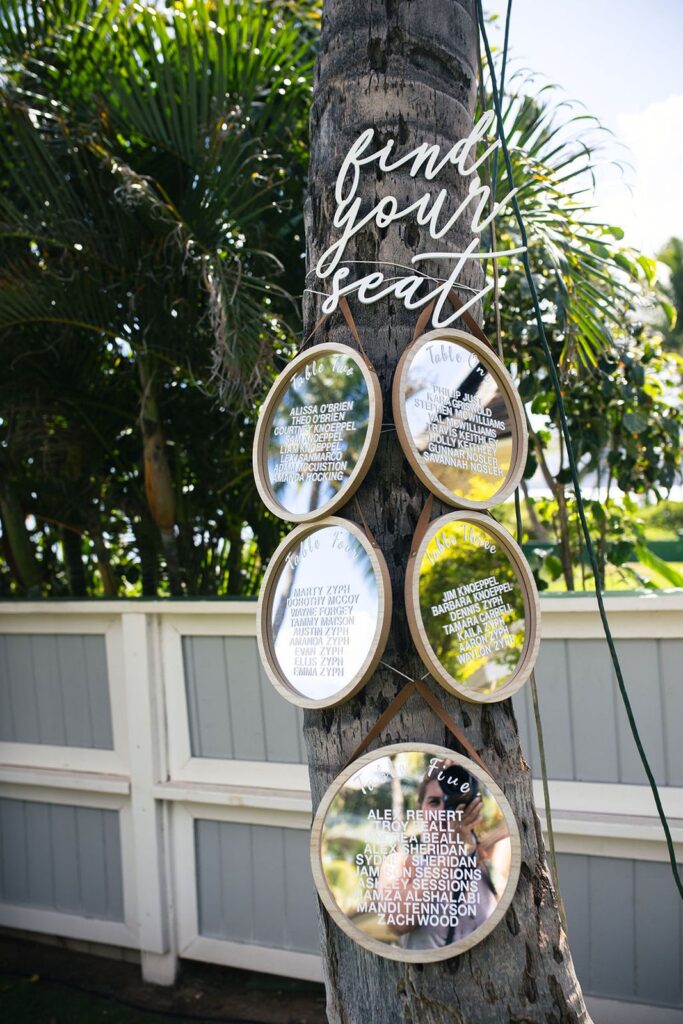 unique wedding seating chart on palm trees